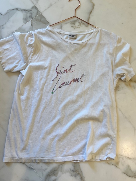 Saint Laurent Tops - Saint Laurent White Multicolor Script Tee